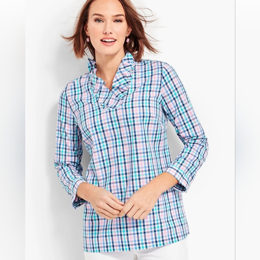 Talbots Ruffle-Neck Popover Tunic Gingham Plaid Pastel Blouse EUC